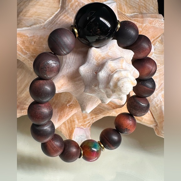 MATTE RED TIGERS EYE + ONYX NATURAL STONES BRACELET size 7” - Picture 2 of 11